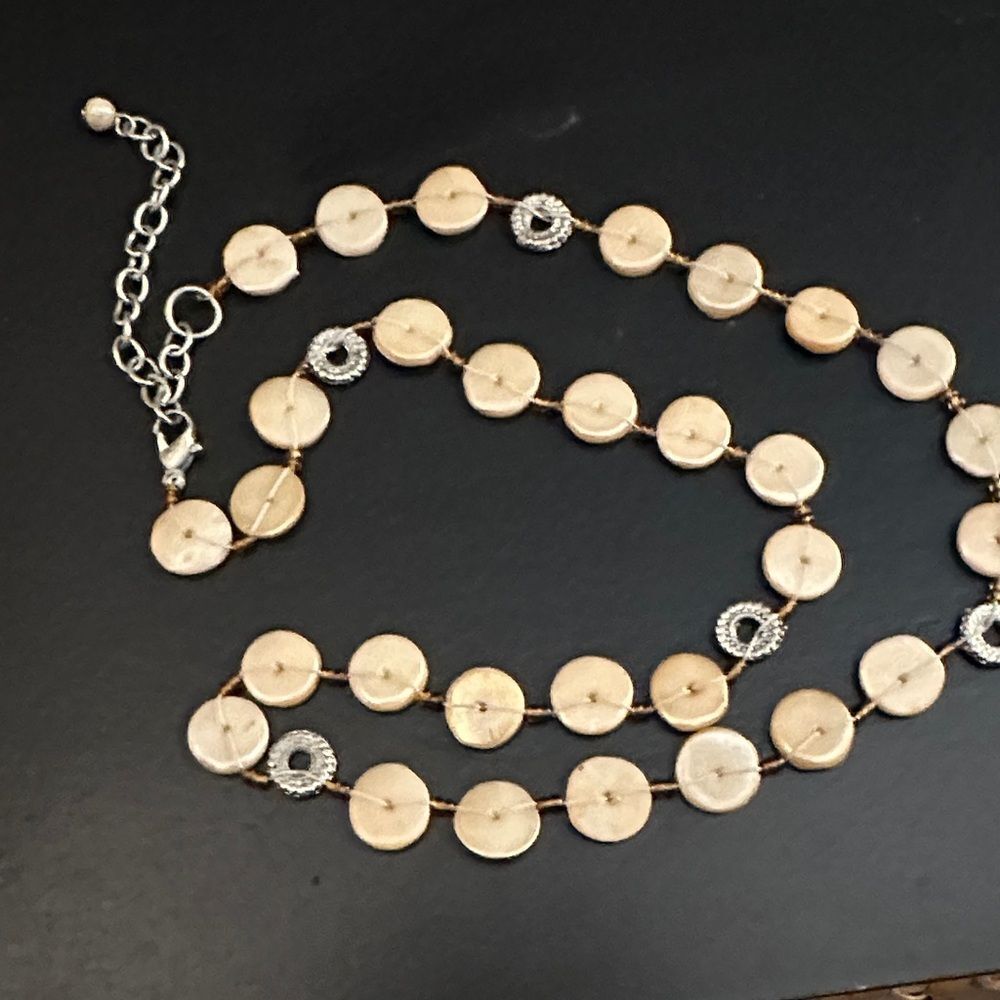 Natural round shell disk necklace with amber and silver accents